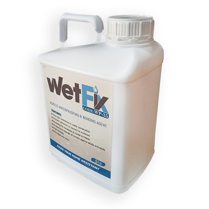 خرید چسب بتن آب بند وتفیکس - مایع واتر پروف بتن WetFix wp-35 Acrylic waterproofing & bonding agent 5kg-چسب سنتر